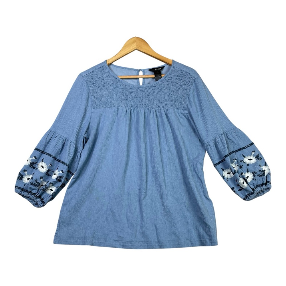 Ali Miles Blouse Floral Embroidered Top Denim Sz XL Womens Boho Cottage Casual